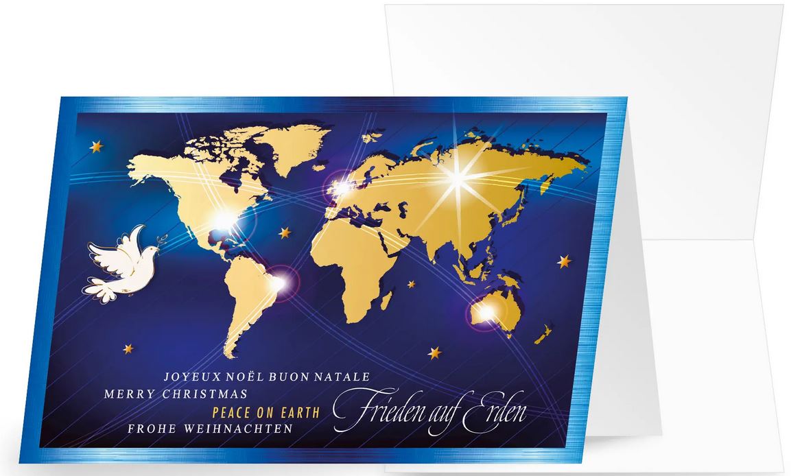 Weihnachtskarte mit Friedensbotschaft "Peace on Earth", Friedenstaube und Weihnachtsgrüßen