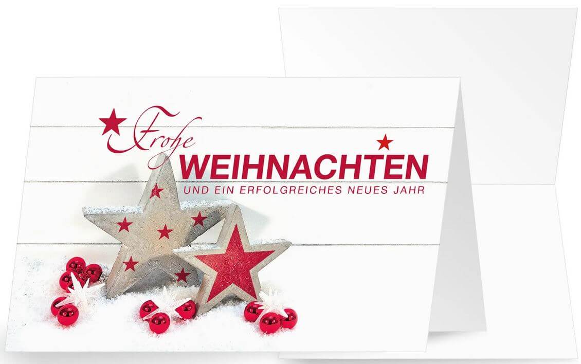 Firmen-Weihnachtskasrte mit Sternen und roten Christbaumkugeln sowie geschäftlichen Grüßen