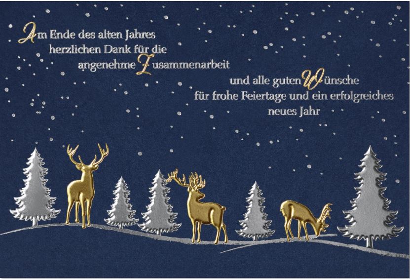 Geschäftliche Weihnachtskarte mit edler Folienprägung und Hirschen zwischen Tannenbäumen