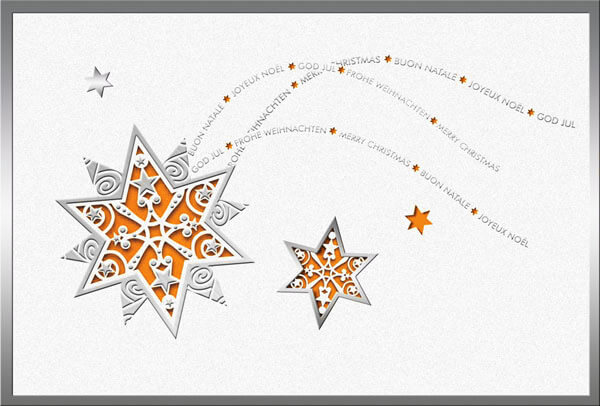 Weihnachtskarte mit Laserstanzung von Sternen, mehrsprachigem Weihnachtsgruß und Einleger in orange