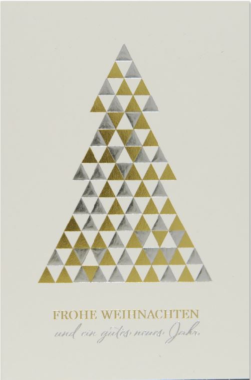 Preisgünstige Weihnachtskarte in creme mit Gold- und Silberfolienprägung von Gruß und Baum