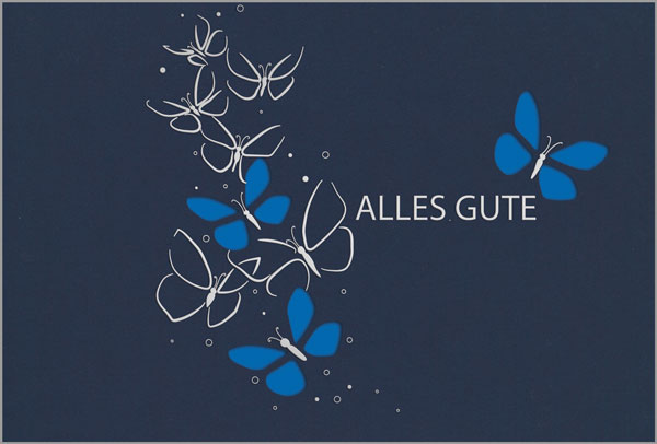 Grußkarte „Alles Gute“ mit Folienprägung und Stanzung von Schmetterlingen sowie Einlegeblatt in blau