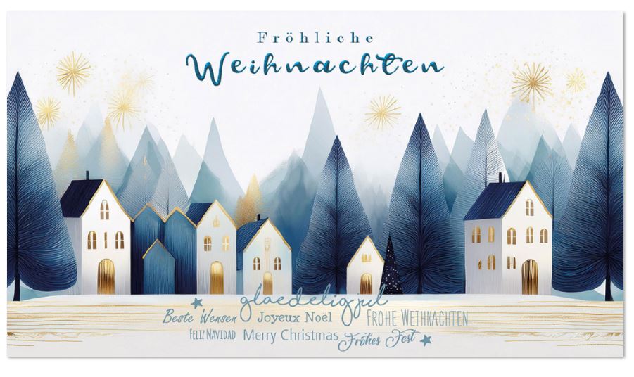 Zauberhafte Weihnachtskarte im praktischen Kleinformat mit internationalen Grüßen, Häusern und Bäumen
