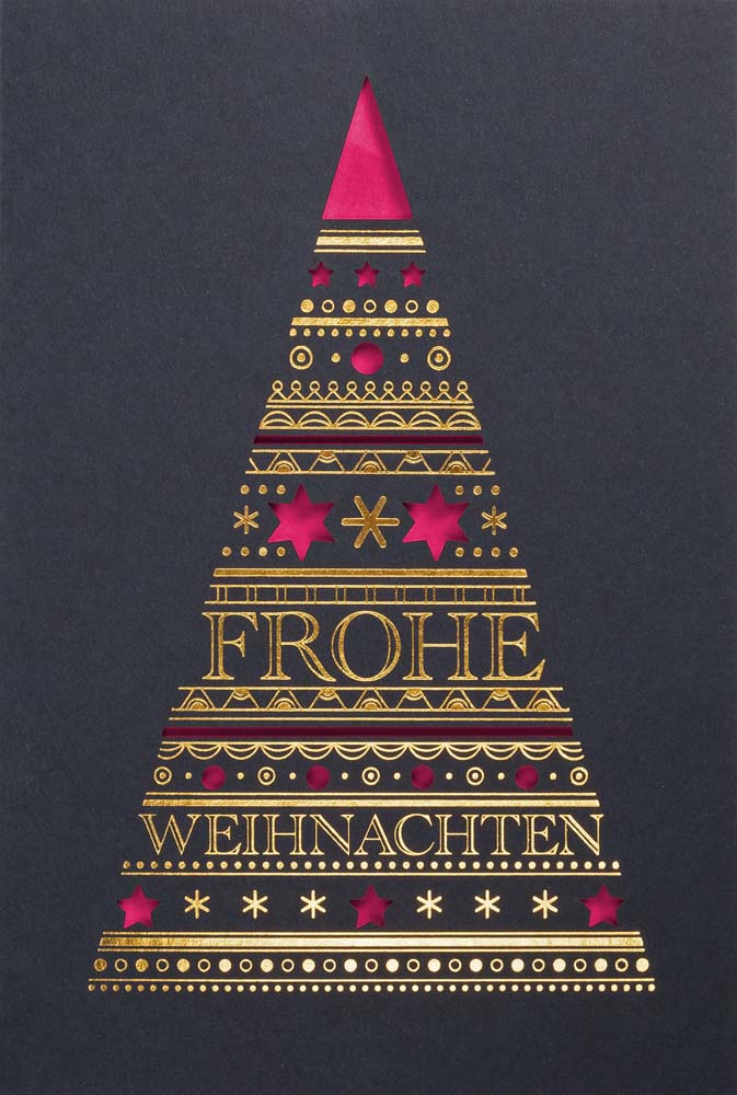 Dunkelblaue Weihnachtskarte mit edler Goldfolienprägung und pinkfarbenem Einlegeblatt