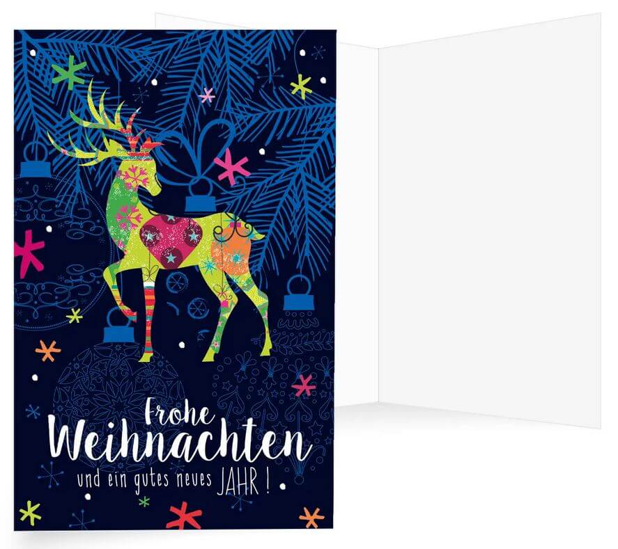 Moderne Spenden-Weihnachtskarte mit farbenprächtigem Hirsch, bunten Sternen und Gruß