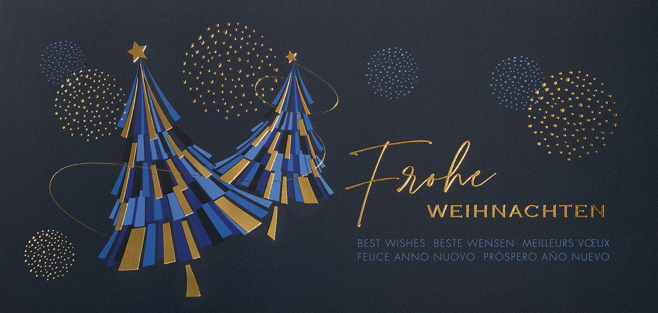 Moderne Weihnachtskarte in blau mit internationalen Weihnachtsgrüßen, DIN lang