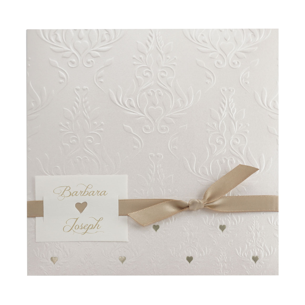 Hochzeitskarte perlmutt metallic mit Ornament und goldenen Herzen