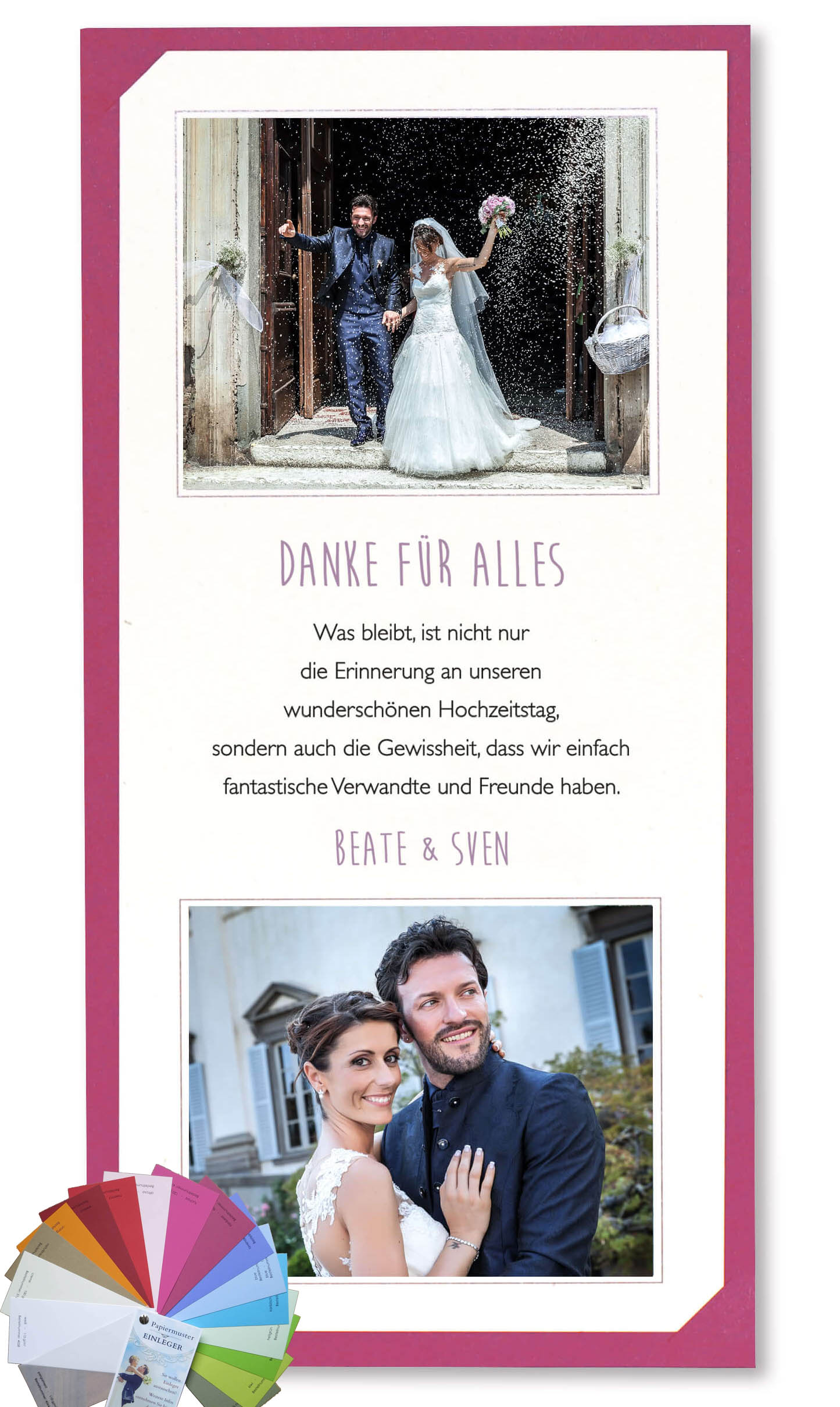 Foto-Danksagungskarte mit eigenen Bildern in creme und fuchsia