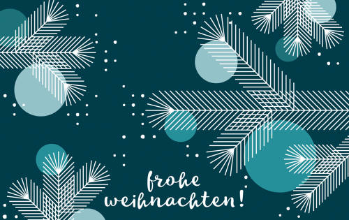 Moderne Weihnachtskarte mit Zweigen, Kreisen und "Frohe Weihnachten!"