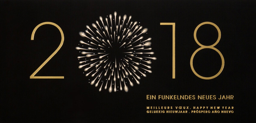 Neujahrskarte 2018 mit internationalen Neujahrsgrüßen und Feuerwerk - Ein funkelndes neues Jahr