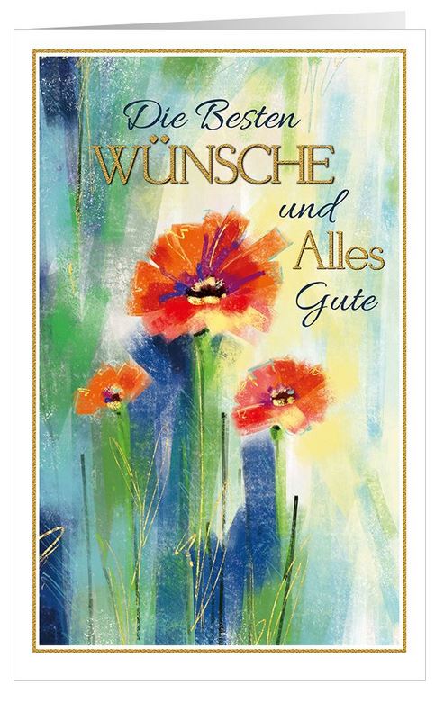 Aquarell-Glückwunschkarte "Die besten Wünsche und Alles Gute" mit rotem Klatschmohn