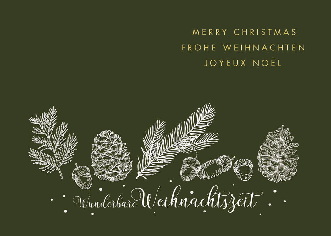 Grüne Weihnachtsgrußkarte mehrsprachig mit gutem Zweck: Deutsche Kinderkrebs-Stiftung