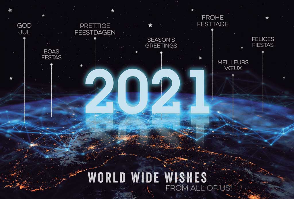 Internationale Neujahrsgrußkarte mit Jahreszahl 2021 und "World Wide Wishes from all of us"