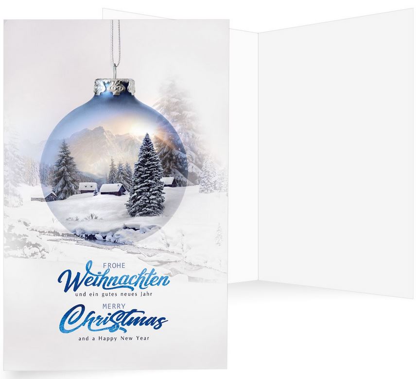 Winterlich-weihnachtliche Spendenkarte für Ärzte ohne Grenzen mit verschneiter Winterlandschaft