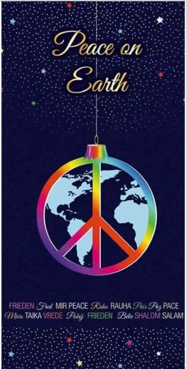 Internationale Weihnachtskarte mit Peace-Symbol, Weltkarte und Botschaft für Frieden