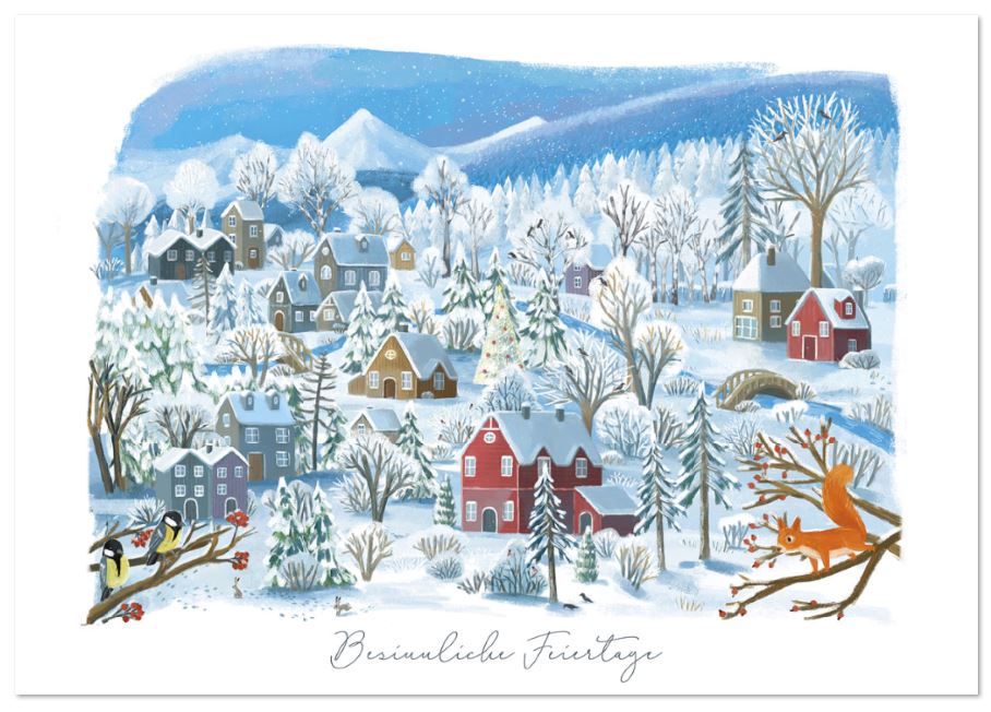 Winterliche Spendenweihnachtskarte mit verschneitem Dorf und Bergen zugunsten von Deutsche Kinderkrebs-Stiftung