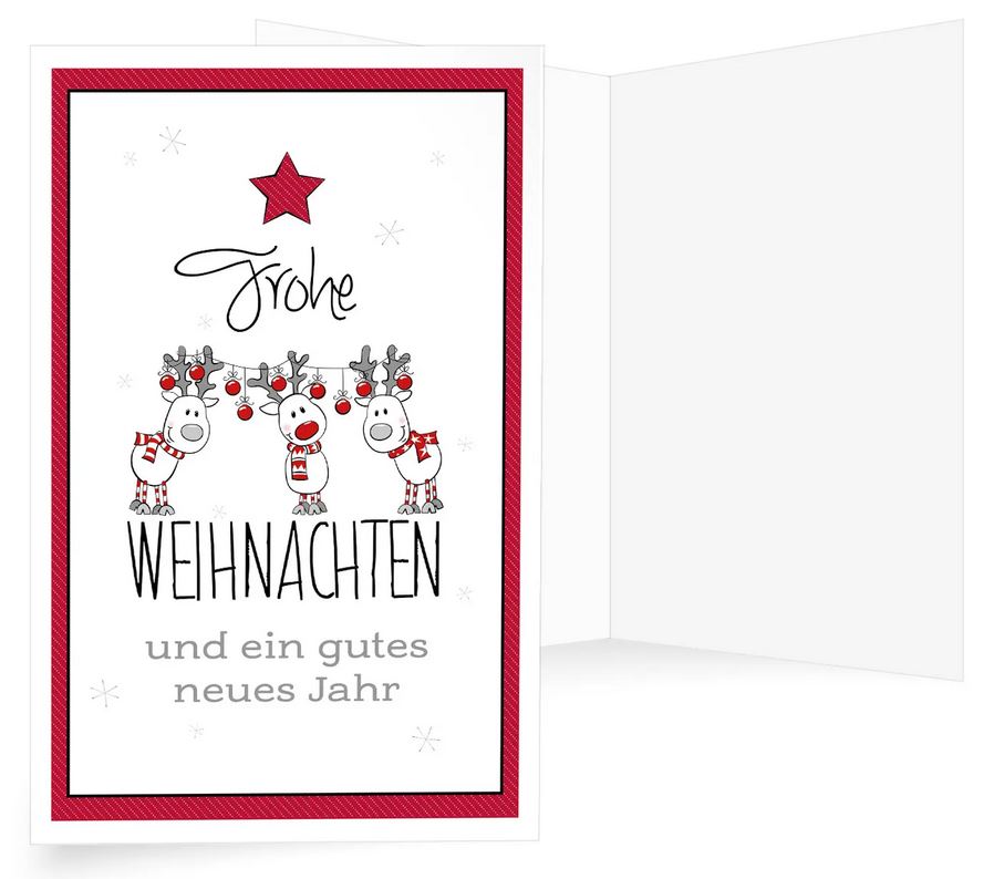 Witzige Weihnachtskarte mit kleinen Rentieren, roten Weihnachtskugeln und Stern