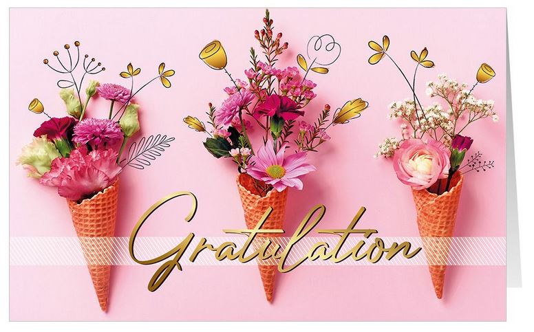 Pinkfarbene Glückwunschkarte mit "Gratulation" und Blumen in leckeren Eiswaffeln