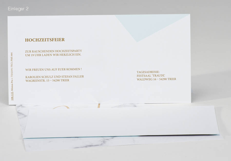 Zweite Einsteckkarte zu marmorierter Hochzeitskarte mit Beispieldruck für eine Hochzeitseinladung