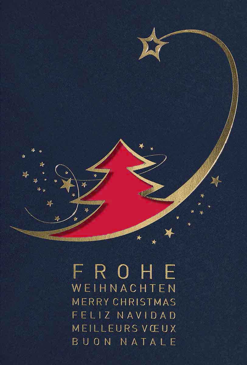 Internationale Stanz-Weihnachtskartein blau mit goldenen Sternen und rotem Einlegeblatt