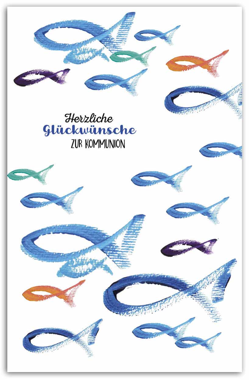 Glückwunschkarte zur Kommunion mit einem Schwarm von Fischen als Zeichen christlichen Glaubens