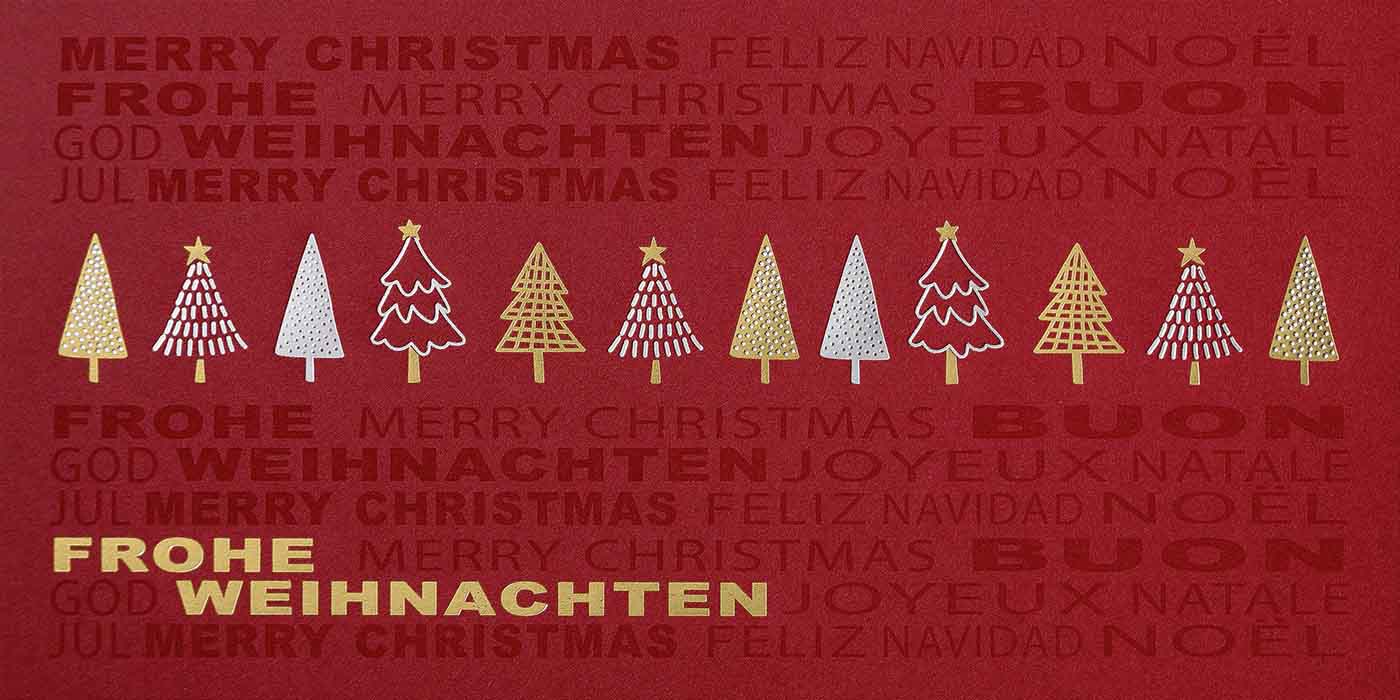 Rote Weihnachtskarte im DIN lang Format mit Silber- und Goldfolienprägung, mehrsprachig