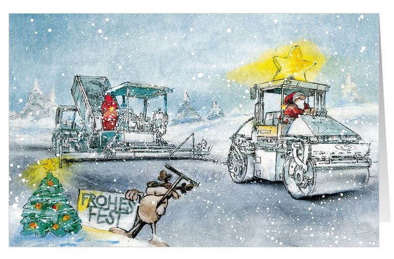 Witzige Weihnachts-Branchenkarte für Straßenbau und Asphalttechnik mit Gruß "Frohes Fest"