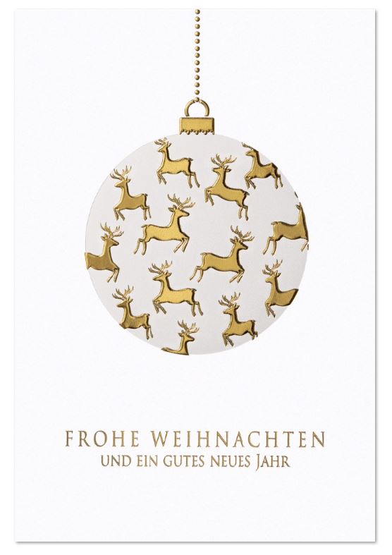 Weiße Weihnachtskarte mit edler Goldfolienprägung einer Weihnachtskugel mit Hirschen