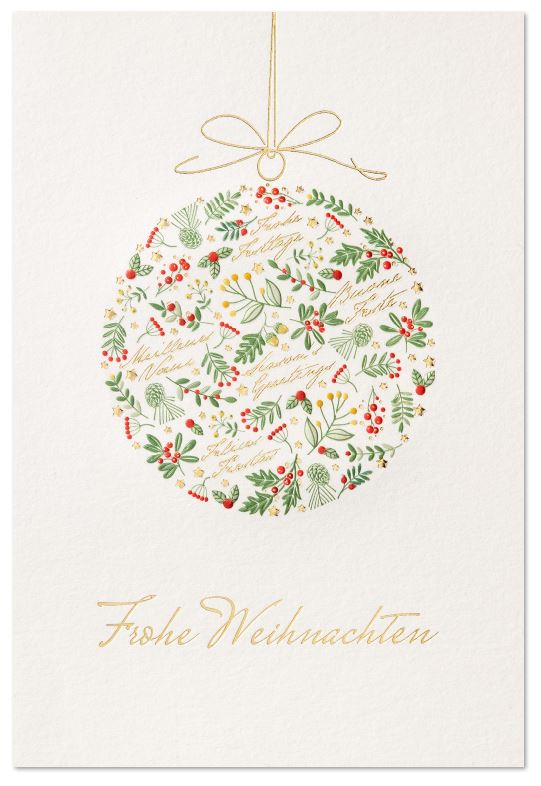 Weihnachtskarte mit floral verzierter Weihnachtskugel, Frohe Weihnachten und internationalen Grüßen