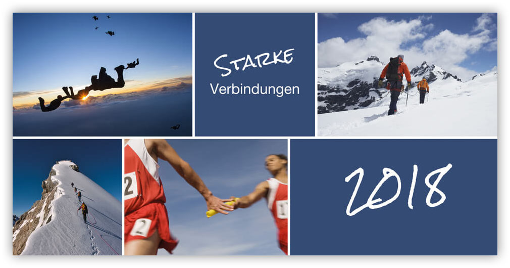 Neujahrskarte mit Fotomotiven aus dem Bereich Sport mit Jahreszahl 2018 - Starke Verbindung