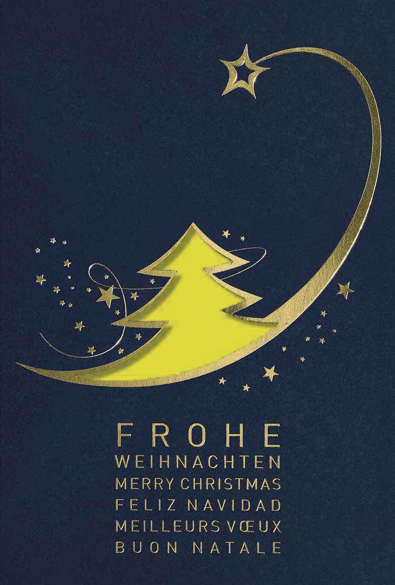 Internationale Stanz-Weihnachtskartein blau mit goldenen Sternen und gelbem Einlegeblatt