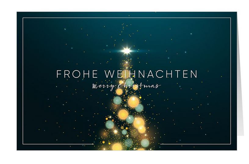 Deutsch- und englischsprachige Weihnachtskarte in blaugrün mit leuchtendem Weihnachtsbaum