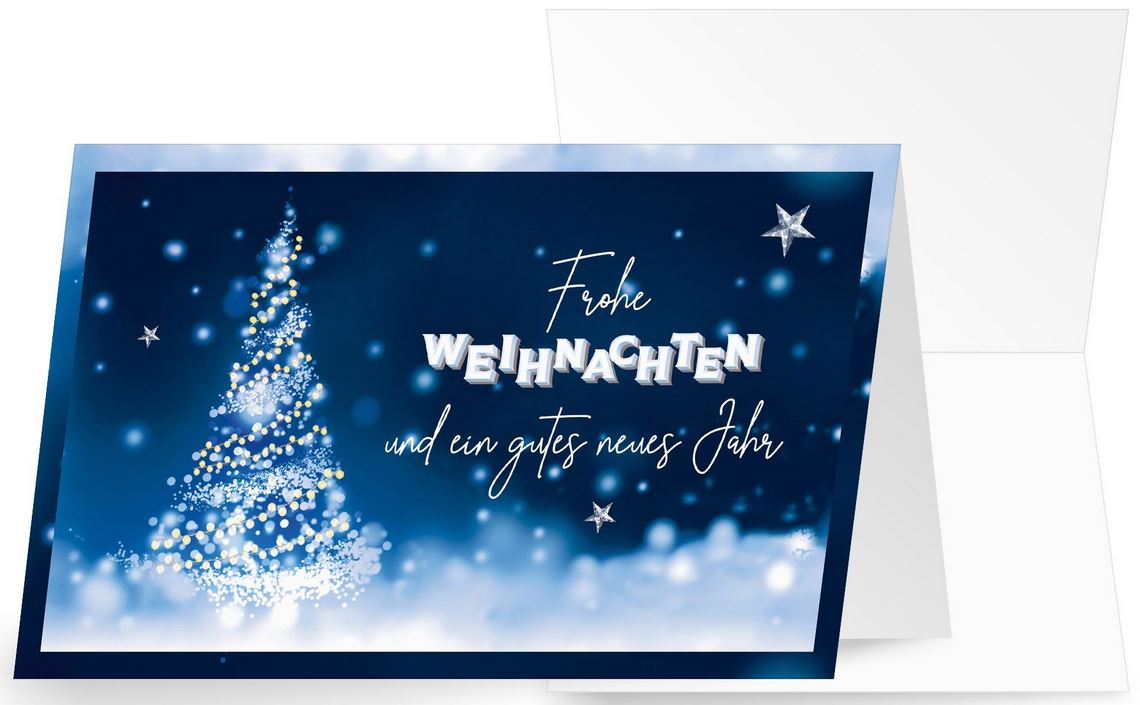 Festliche Spendenkarte für Ärzte ohne Grenzen mit funkelndem Weihnachtsbaum und Weihnachtsgruß