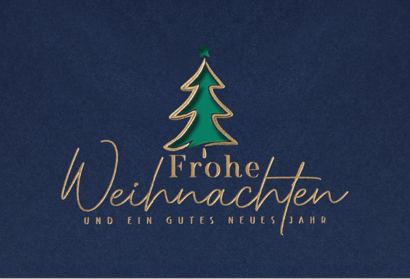 Dunkelblaue Weihnachtskarte mit Laserstanzung Baum, Goldfolienprägung und Einleger in dunkelgrün