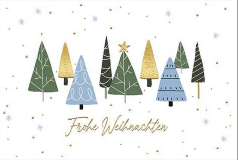 Weiße Spendenweihnachtskarte mit Bäumen und goldenem Weihnachtsgruß für: Deutsches Kinderhilfswerk e.V.