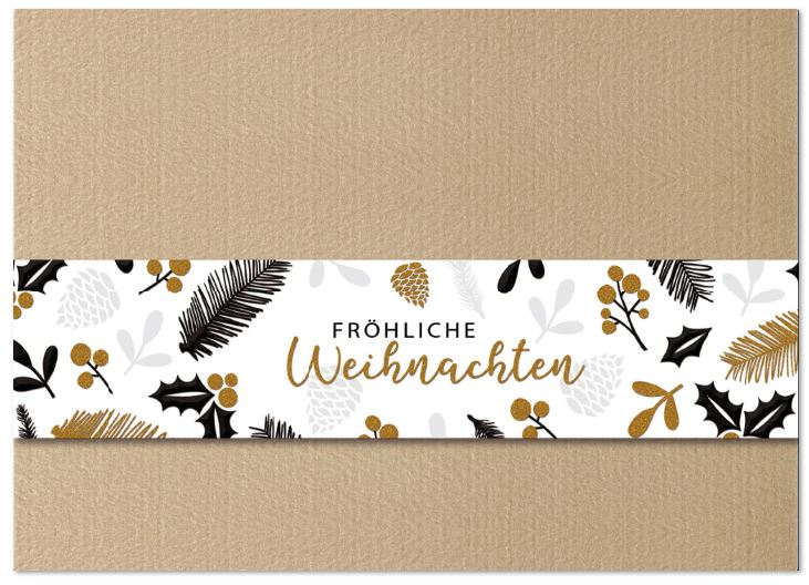 Sandfarbene Weihnachtskarte mit floral bedruckter Banderole und "Fröhliche Weihnachten"