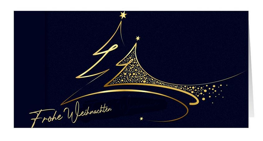 Moderne Weihnachtskarte in schwarz mit goldenen Weihnachtsbäumen und "Frohe Weihnachten"