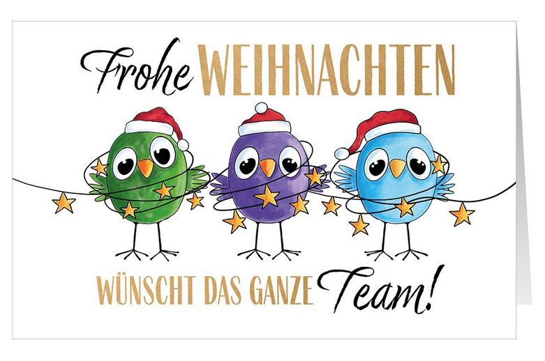 Fröhliche Teamweihnachtskarte für Firmen mit bunten Weihnachtsküken und Gruß