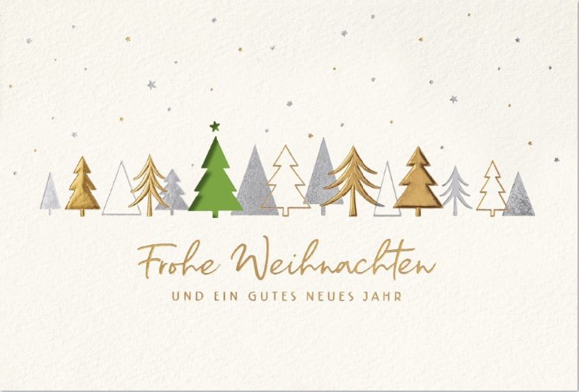 Weiße Weihnachtskarte mit Folienprägung gold und silber, Stanzung Baum und Einleger in hellgrün