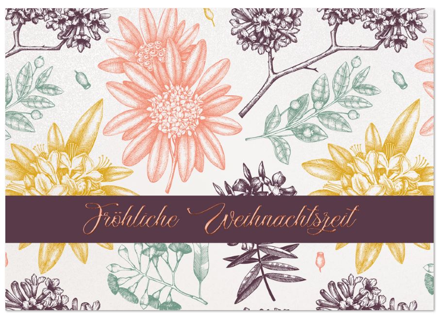 Weihnachtskarte "Zauberhafter Blütentraum" aus weißem Metallic-Karton mit floralem Druck 