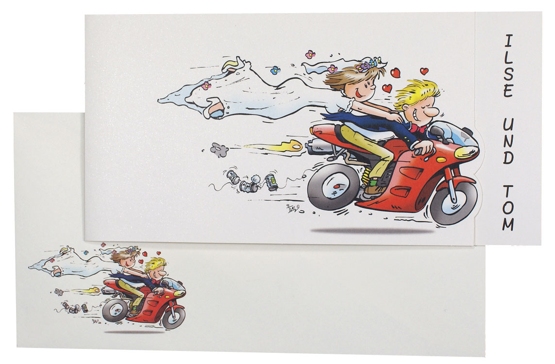 Comic-Hochzeitskarte mit Brautpaar und Motorrad, Kleeblatt und Glückskäfer