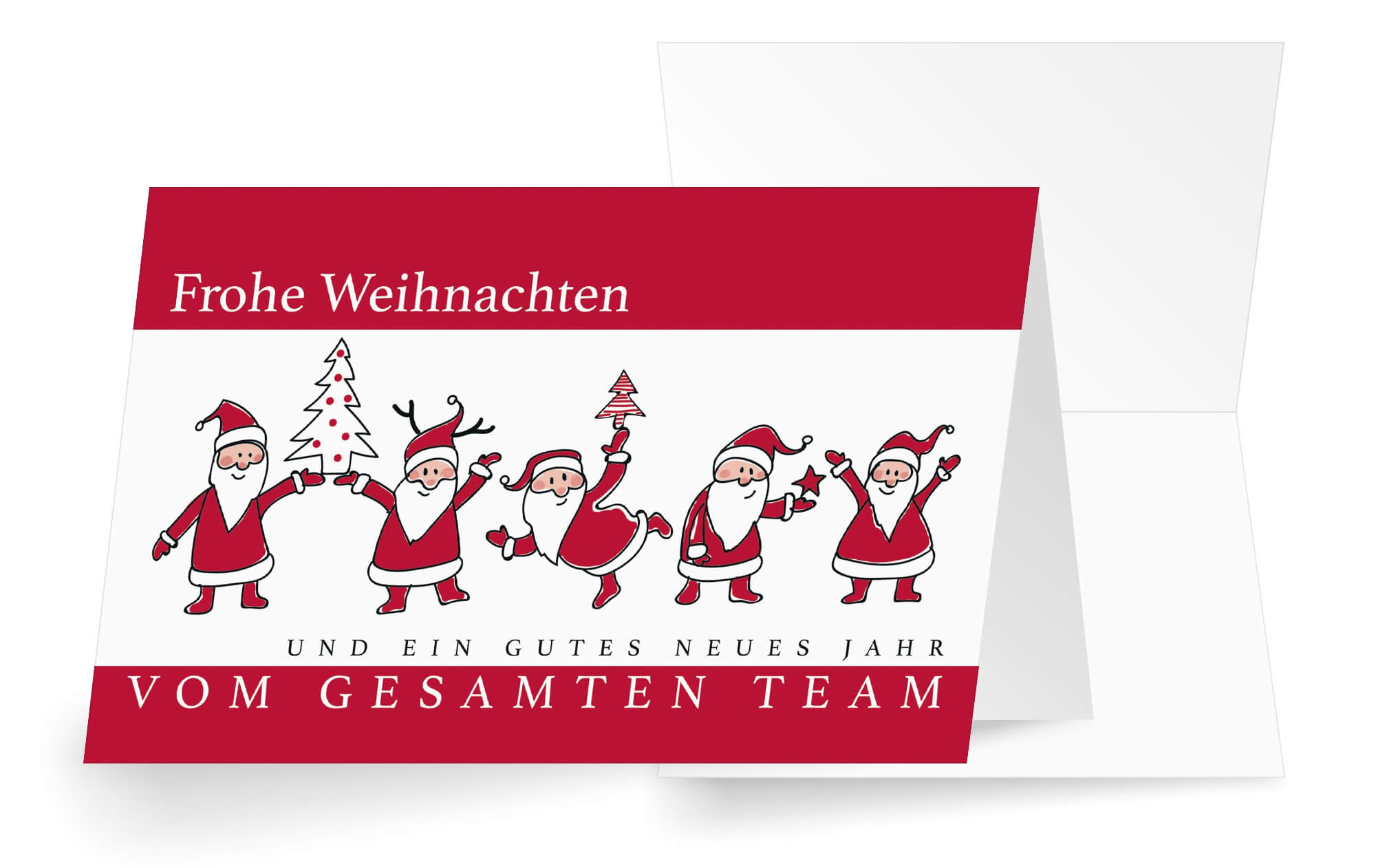 Lustige Team-Weihnachtskarte in rot-weiß mit Spende für Ärzte ohne Grenzen