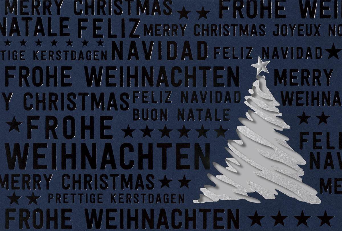 Internationale Weihnachtskarte in nachtblau mit silberfarbenem Einlegeblatt und Baumstanzung