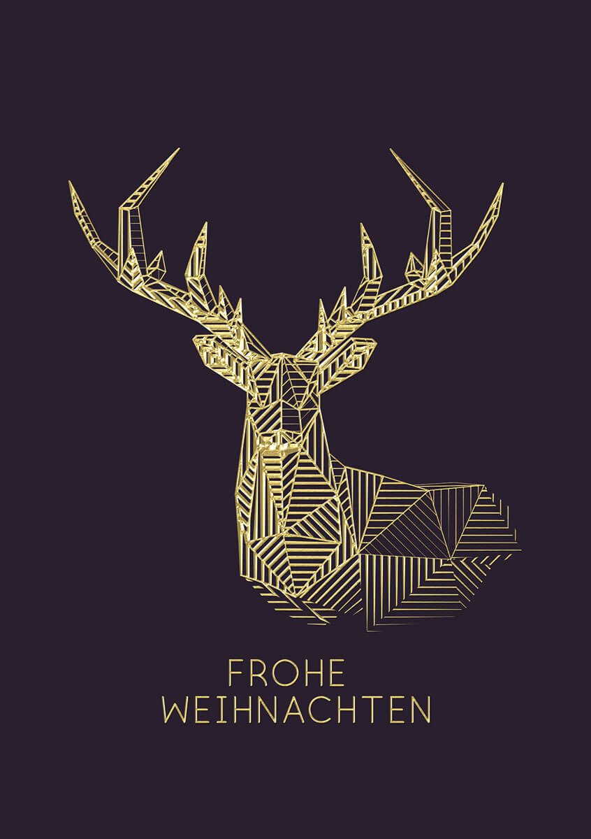 Trendige Weihnachtskarte "Geometric Deer" in aubergine mit Goldprägung und Einleger