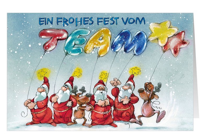 Bunte und fröhliche Firmenweihnachtskarte mit dem Gruß "Ein frohes Fest vom Team"