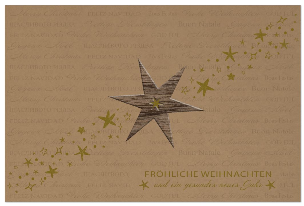 Weihnachtskarte mit Echtholz-Stern und goldenen Sternchen auf braunem Naturkarton