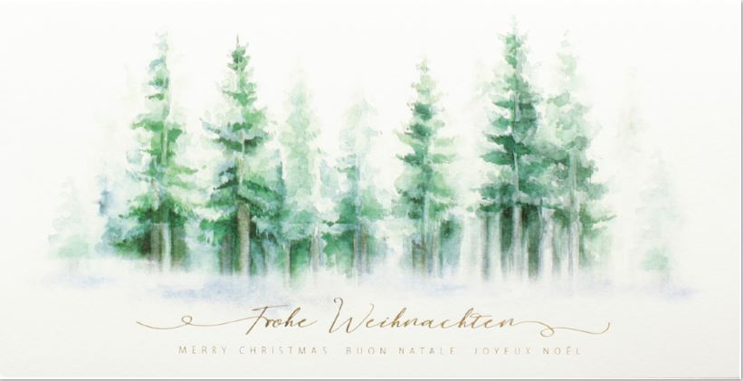 Mehrsprachige Weihnachtskarte DIN lang im Aquarellstil mit Tannenbäumen und Weihnachtsgruß