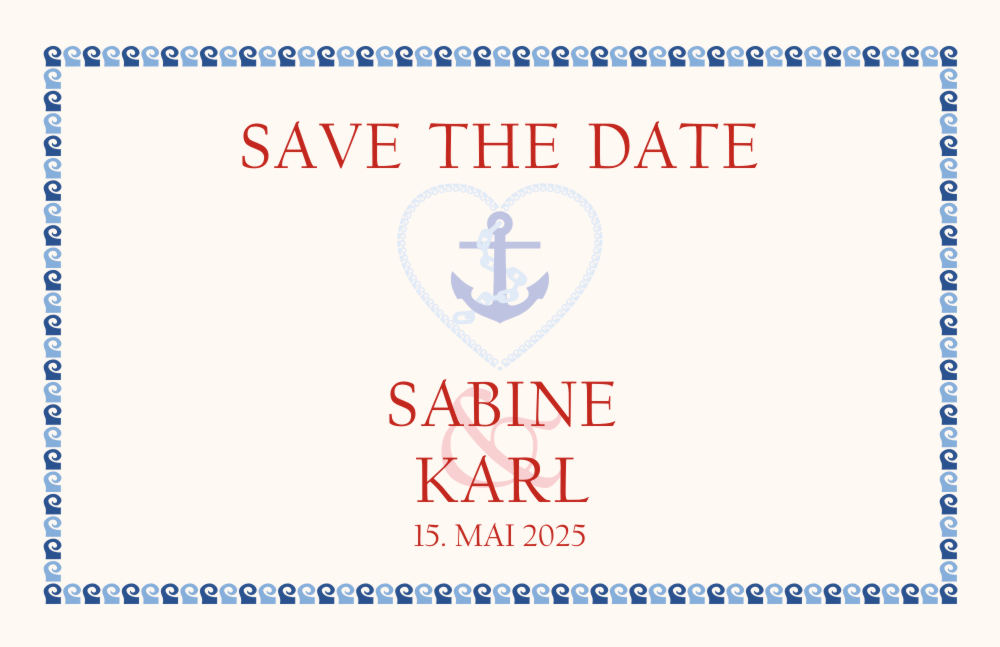 Maritime Save the Date Karte für die Hochzeits-Ankündigung, mit Anker Motiv, Kette im Herz und Wellenrand in blau.