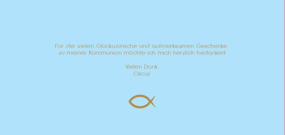 Gestaltungsvorschlag mit Mustertext für Fotodanksagungskarte zur Kommunion mit Symbol Fisch