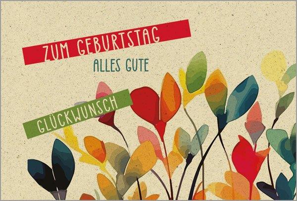 Bunt bedruckte Geburtstags-Glückwunschkarte "Zum Geburtstag Alles Gute" aus braunem Naturkarton